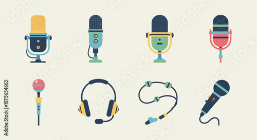 Flat design icons of podcast and audio studio equipment.
