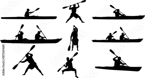 Set of black silhouettes of people kayaking and canoeing in various poses including single and tandem paddling on white background