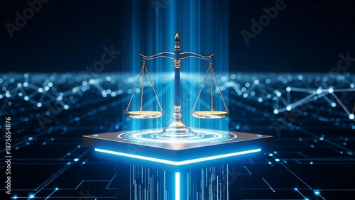 Digital scale of justice in neon blue circuit board background