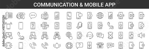 Minimal line communication and mobile app icons set featuring phone, chat, notification, internet, support symbols for user interface design, web apps, and digital technology projects