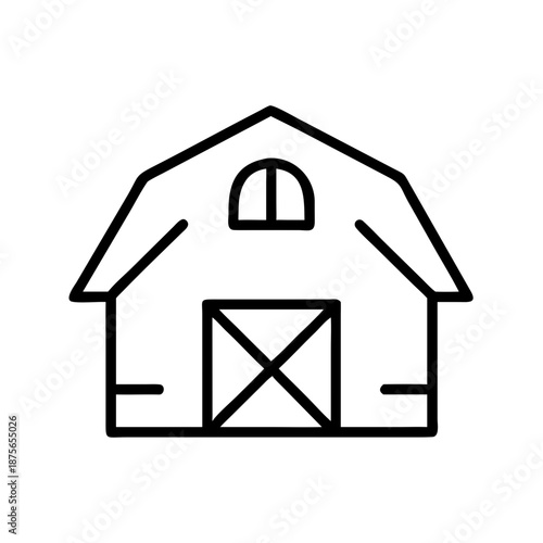 Simple line drawing of a barn on a white background  