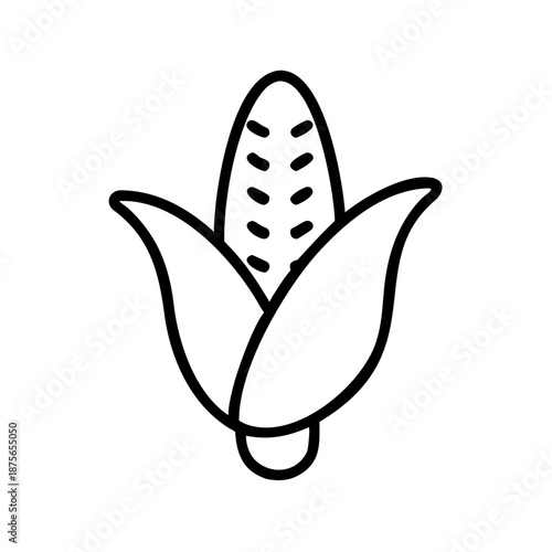 Corn cob illustration in line art style with green leaves  