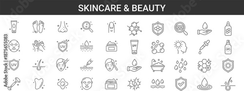 Skincare and beauty line icons set featuring facial care, sunscreen, hygiene, cosmetic treatment, dermatology, spa, protection, hydration symbols for mobile apps, web design, packaging