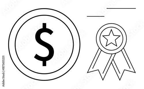 Finance, rewards, savings, economic growth, investments, recognition. Dollar symbol next to a ribbon with a star. Finance and rewards concept emphasizing achievement and worth