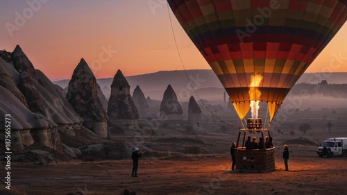 Hot air balloon igniting at dawn over a misty valley in a cinematic wide shot