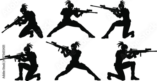 Female sniper silhouettes aiming rifles, tactical combat poses, military action illustration, armed warrior stances, black white vector set