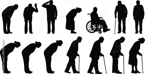 Senior woman silhouette evolution set showing aging stages posture decline disability wheelchair and walking with cane healthcare vector illustration isolated
