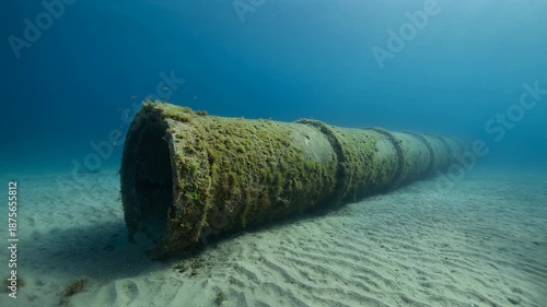 Underwater pipe with marine life showcasing the beauty of ocean ecosystems and underwater exploration