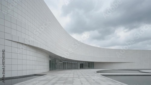 Modern Architectural Marvel with Curved Lines and Minimalist Design Under Cloudy Sky