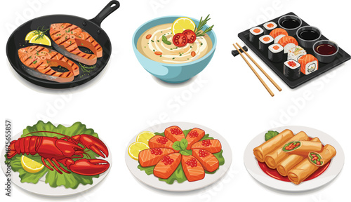 Seafood and Japanese cuisine set featuring grilled salmon steaks sushi rolls lobster platter spring rolls and creamy soup bowl.
