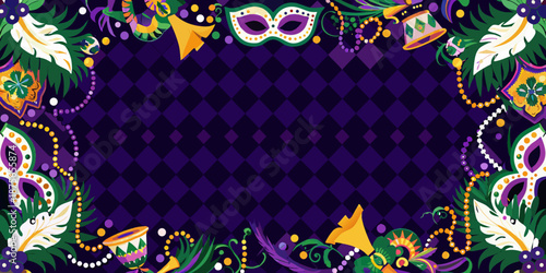 Mardi Gras colorful mask and beads border frame on purple background