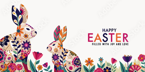 easter bunnies and flowers with happy easter text