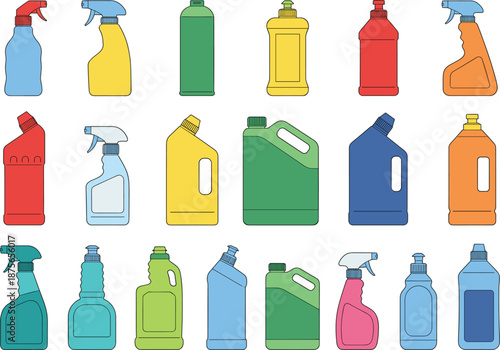Flat vector set of various household cleaning product bottles including sprayers detergents and chemical containers isolated on white background for housekeeping and hygiene.