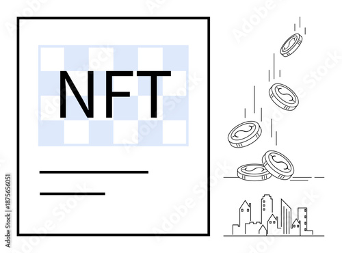 Digital ownership, cryptocurrency trading, blockchain technology, virtual assets, modern finance, decentralized systems. NFT certificate displayed with coins and buildings. Digital ownership