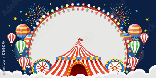 a colorful circus scene with fireworks and hot air balloons