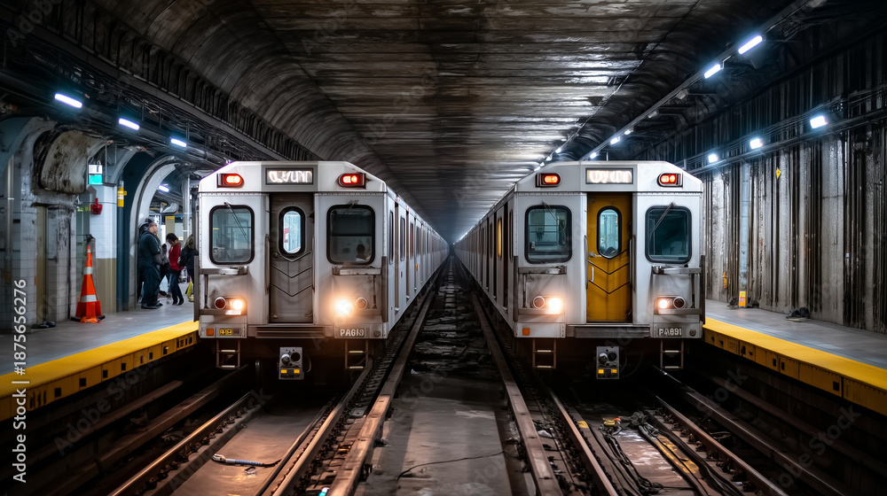 Fototapeta premium A subway tunnel where trains are delayed and stuck back-to-back on tracks, dim emergency lighting reflecting on metal walls, passengers waiting