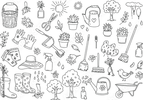 gardening, tools, plants, shovel, rake, shears, gloves, boots, wheelbarrow, watering, bucket, hat, succulents, flowers, nature, artworkv
