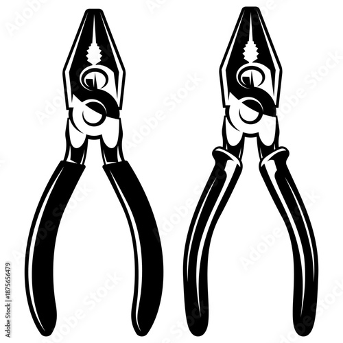 Lineman s Pliers Vector Icon Set Professional Hand Tool for Electrical and Mechanical Work in Black and White.