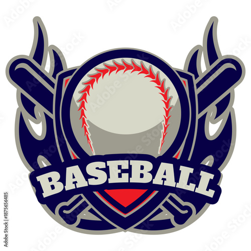 Baseball team emblem with crossed bats and a detailed baseball, sporting event logo design.