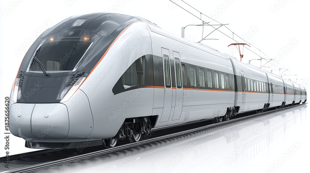 Fototapeta premium Modern high-speed train on transparent background, sleek design display, railway transportation, public transit, commuter vehicle, urban mobility, isolated visual, with copy space