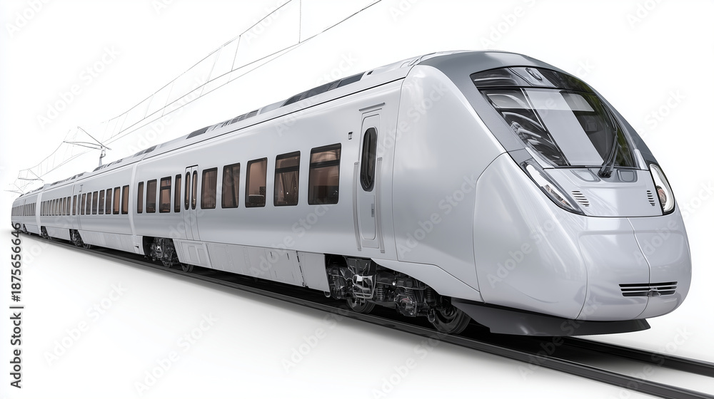 Fototapeta premium Modern high-speed train on transparent background, sleek design display, railway transportation, public transit, commuter vehicle, urban mobility, isolated visual, with copy space