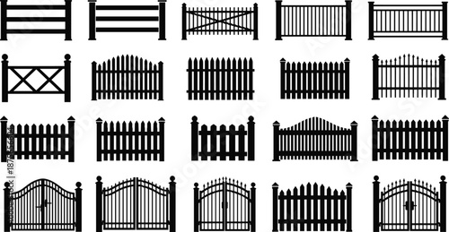 Fence and gate silhouettes collection, wooden garden barriers and entrance designs, black outdoor fence icons vector illustration isolated
