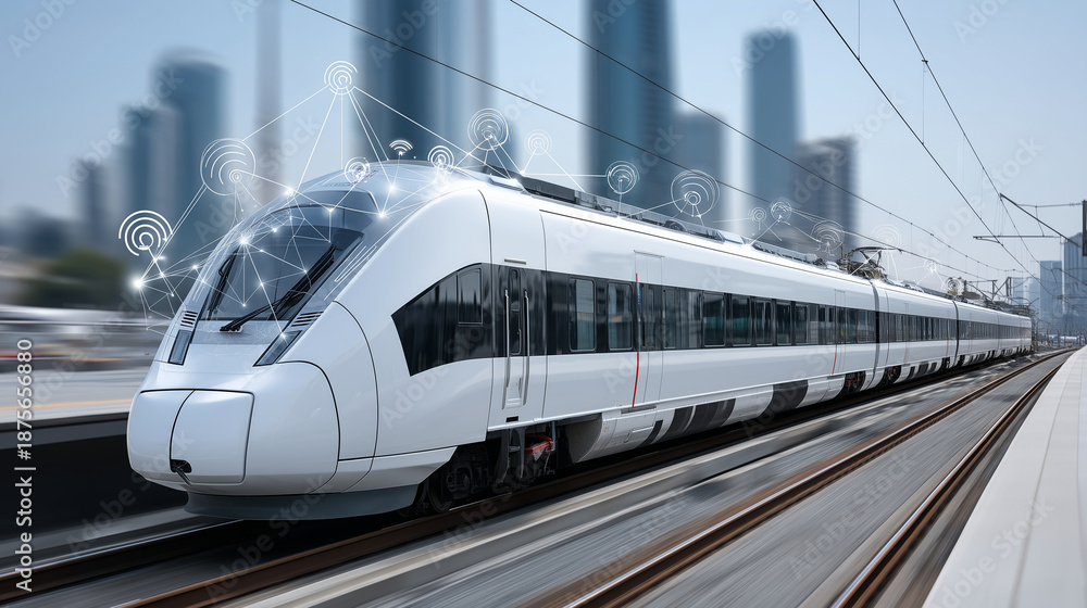 Fototapeta premium Futuristic high-speed train travels to tech future, modern train moves fast on tracks, cityscape background, wireless network system concept, hologram effect, fast transit, defocus