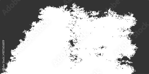 An abstract black ink splat with a grunge texture creates a dirty paint spray pattern on an artistic paper border design element