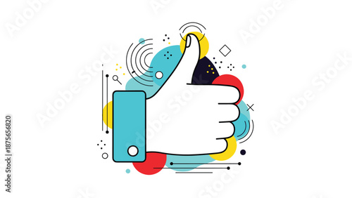 Large light blue thumbs up icon for social media engagement surrounded by abstract geometric circles and colorful decorative elements.