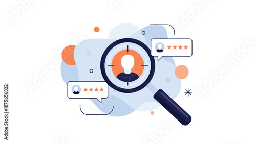 Magnifying glass focusing on a specific profile icon with a target and star ratings for professional recruitment and headhunting purposes.