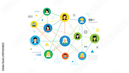 Complex network of diverse user profiles connected by lines to represent a global social community or professional corporate structure.