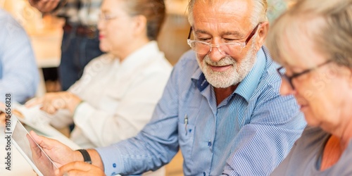 Old people using tablets in a group setting. Senior technology use, digital learning, and engagement among older adults in a community environment. Old people in study group, learning at library.