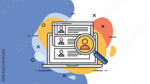 Magnifying glass reviewing job candidate profiles on a laptop screen to find the most suitable applicant during the hiring process phase.