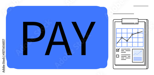 E-commerce, payment systems, financial analytics, transactions, business strategy, digital economy. Bold Pay text next to a clipboard with a growth chart. Payment systems and financial analytics