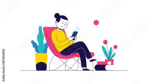 Woman sitting on a modern sofa and interacting with her mobile phone as numerous heart symbols float upwards to show social engagement.