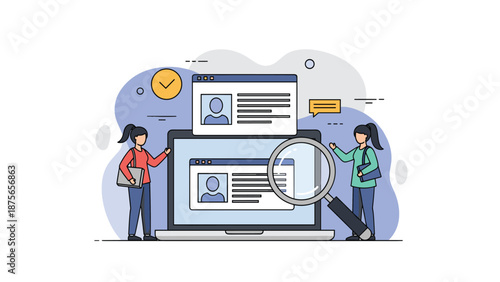 HR professionals use a magnifying glass to review and analyze digital candidate profiles on a laptop screen for a recruitment process.