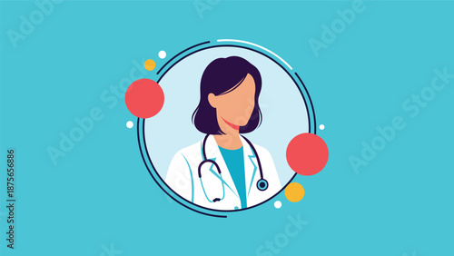 Professional female doctor avatar wearing a white lab coat and stethoscope is centered within a circular frame on a clean turquoise background.
