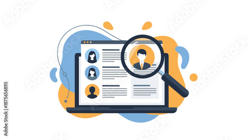 Digital recruitment process shown through a magnifying glass focusing on individual professional profiles on a computer screen for hiring.