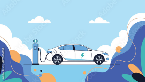 White electric vehicle plugs into a blue charging station against a scenic landscape background with clouds and colorful abstract shapes.