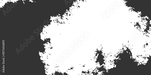 Abstract grunge design featuring a black ink splat texture with vintage floral silhouettes and a dirty paint spray border on an artistic paper banner illustration