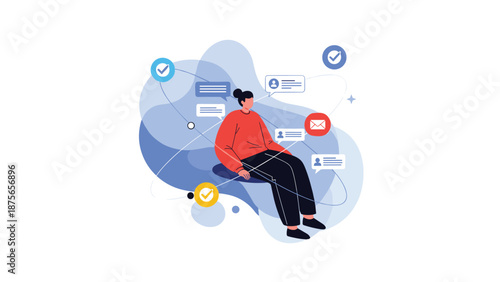 Young woman floats in a blue space surrounded by various digital message bubbles, check marks, and profile icons representing online connectivity.