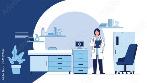 Professional female doctor stands in her medical office with examination tables, filing cabinets, and medical equipment in the background.