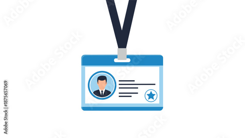 Professional identification badge hangs from a black lanyard featuring a male profile icon and a star security symbol.