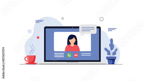 Laptop displays a woman in a video call interface with call buttons and a chat bubble set on a desk with a coffee mug and plant.