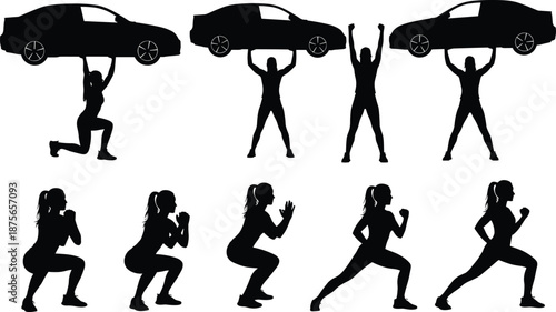 Fitness woman silhouettes lifting car and training exercises, strength workout poses, power endurance concept, female athlete motivation, isolated black illustration