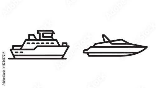 Nautical transportation outline icons showcasing a luxury cruise ship and a sleek motorboat or speed yacht for ocean travel and marine recreation.
