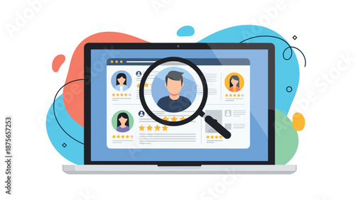 Modern laptop screen displaying several user profiles with ratings while a magnifying glass highlights the most suitable job candidate.