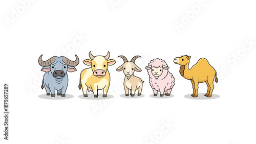 Cute Cartoon Farm Animals Collection - Buffalo, Cow, Goat, Sheep, and Camel Illustration.