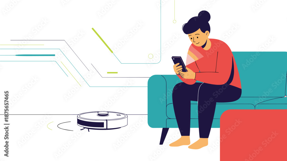 Fototapeta premium Woman sitting on a blue sofa and using a mobile app on her smartphone to control a smart robot vacuum cleaner in a modern living room.