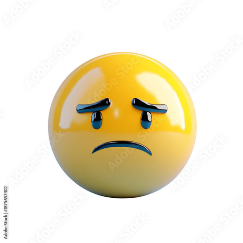Yellow sad emoji ball with frowning expression on white background  